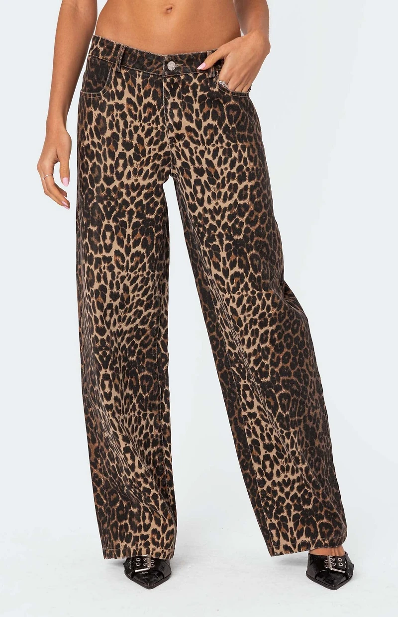 Edikted Leopard Printed Low Rise Jeans