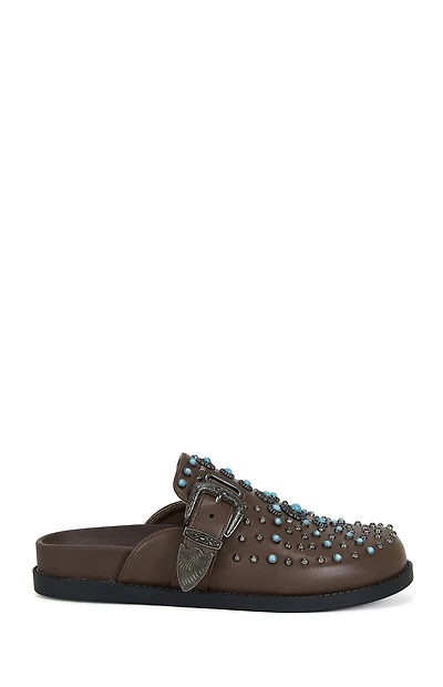 AZALEA WANG Women's Brown Flair Faux Leather Turquoise Mules