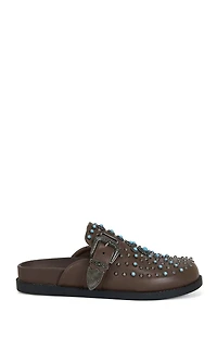 AZALEA WANG Women's Brown Flair Faux Leather Turquoise Mules