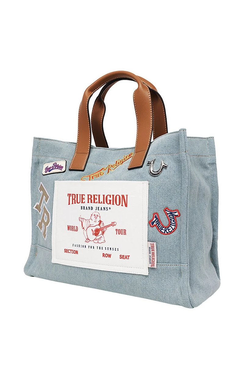 True Religion Andy Denim Multi Patch Medium Tote Bag
