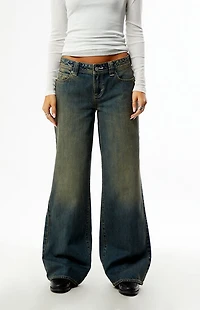 Pacsun Casey Low Rise Baggy Jeans Seamed Pocket Dark Blue Tint