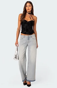 Edikted Marine Velvet Embroidered Corset Top