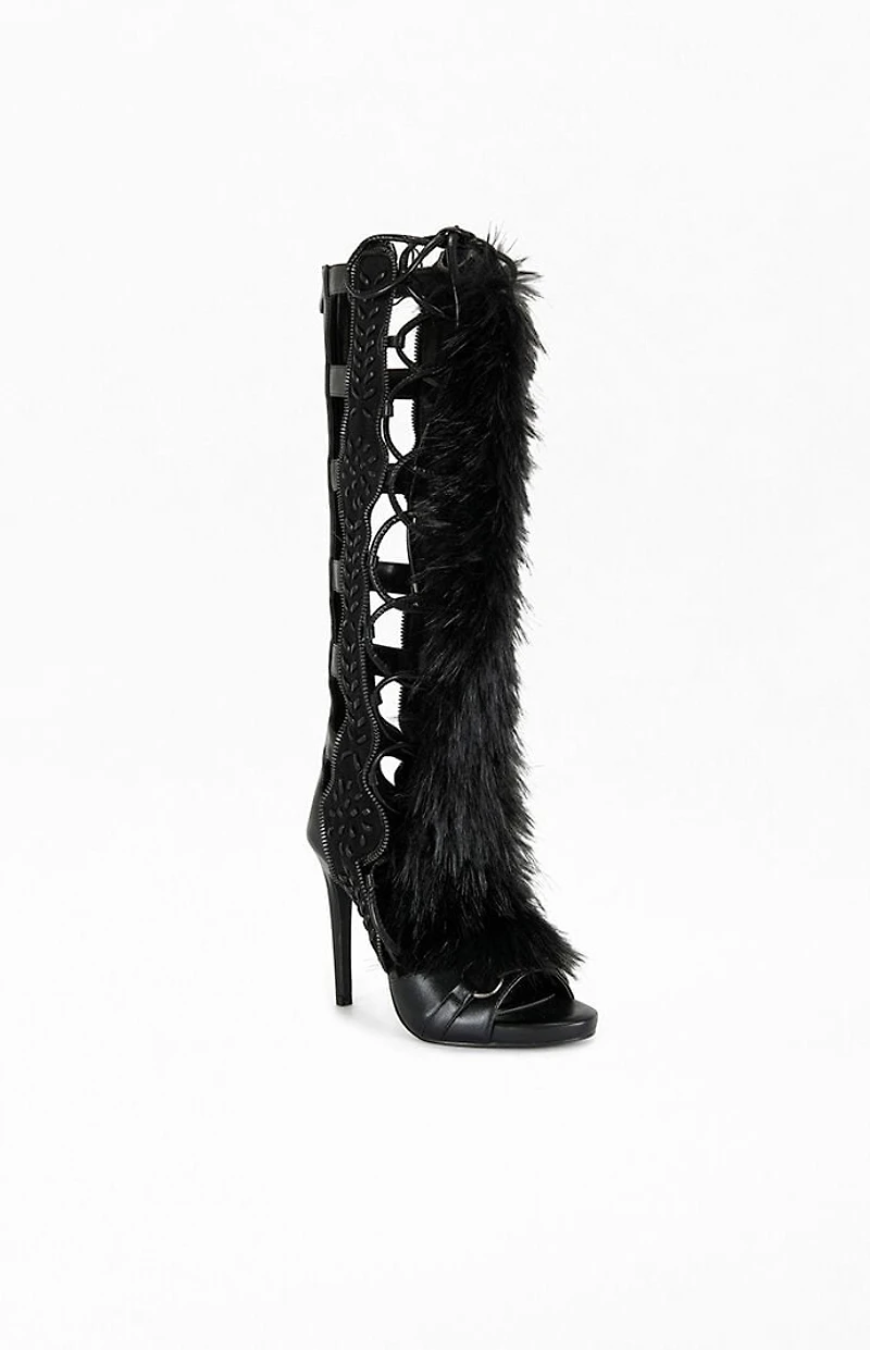 AZALEA WANG Women's Shaine Black Faux Fur Gladiator Sandal Boots