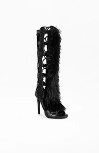 AZALEA WANG Women's Shaine Black Faux Fur Gladiator Sandal Boots