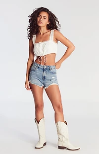 Pacsun Medium Indigo Ripped Zip Fly High Waisted Denim Festival Shorts