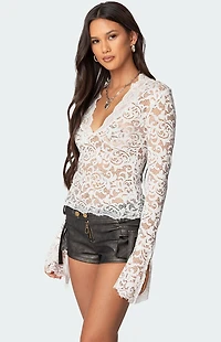 Edikted Sheer Lace Bell Sleeve Top