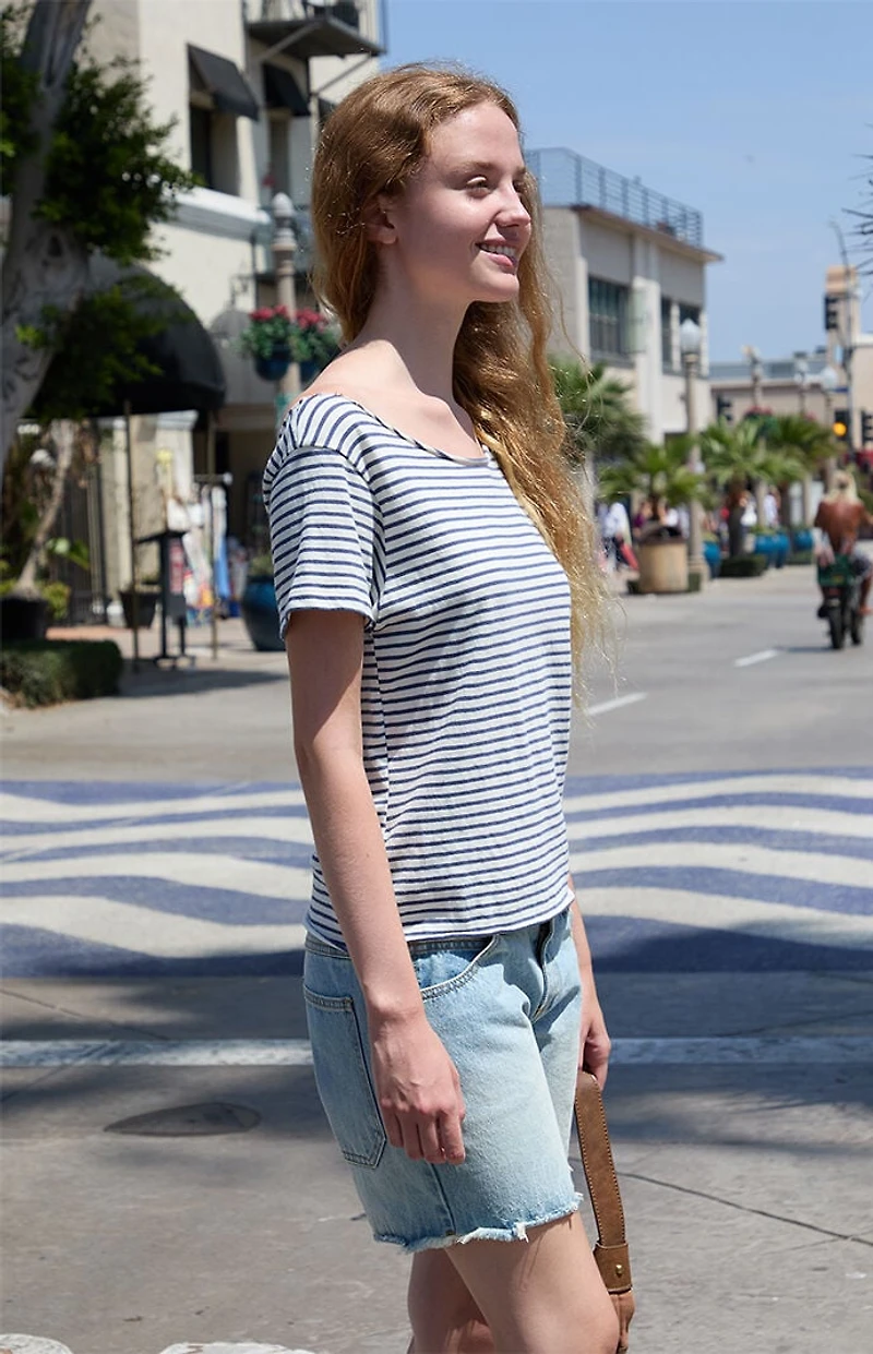 John Galt White & Blue Robyn Striped Off-The-Shoulder T-Shirt