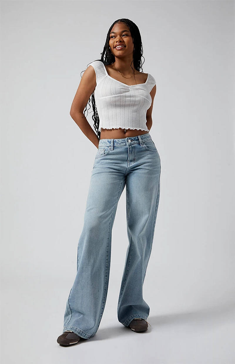 Pacsun Casey Low Rise Baggy Jeans Bow Embroidery Light Indigo