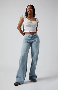 Pacsun Casey Low Rise Baggy Jeans Bow Embroidery Light Indigo