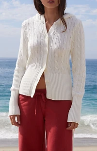 John Galt White Cable Knit Button Down Hooded Sweater