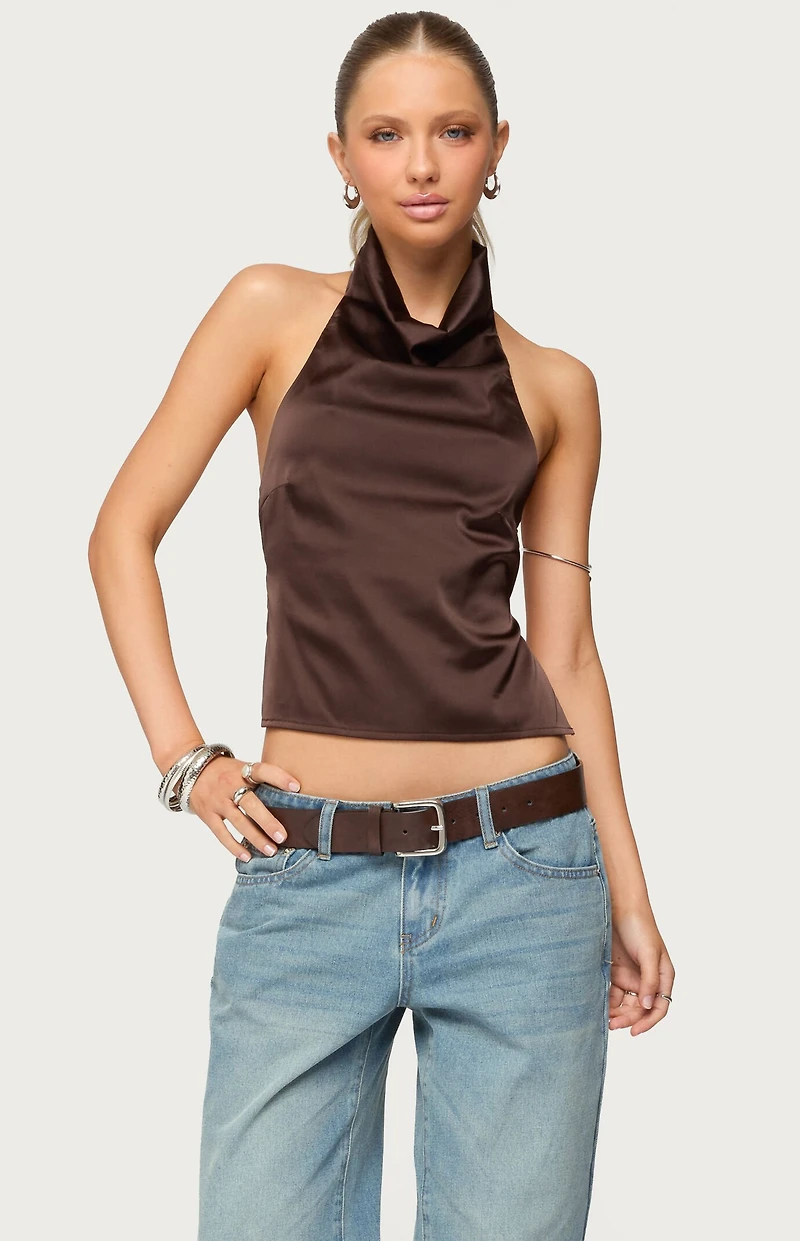 Edikted Satin Effect Backless Cowl Neck Top