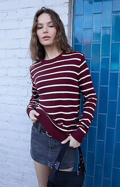 John Galt Burgundy Thin Stripe Crew Neck Sweater