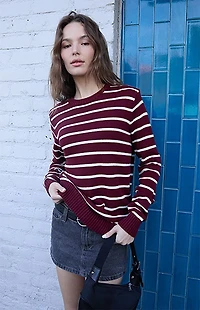 John Galt Burgundy Thin Stripe Crew Neck Sweater