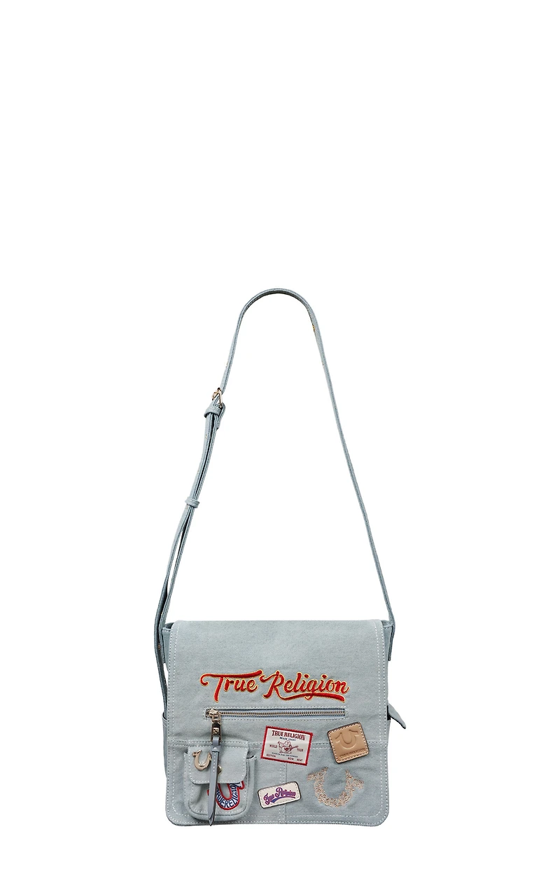 True Religion Blue Denim Multi Patch Messenger Bag
