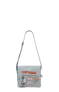 True Religion Blue Denim Multi Patch Messenger Bag