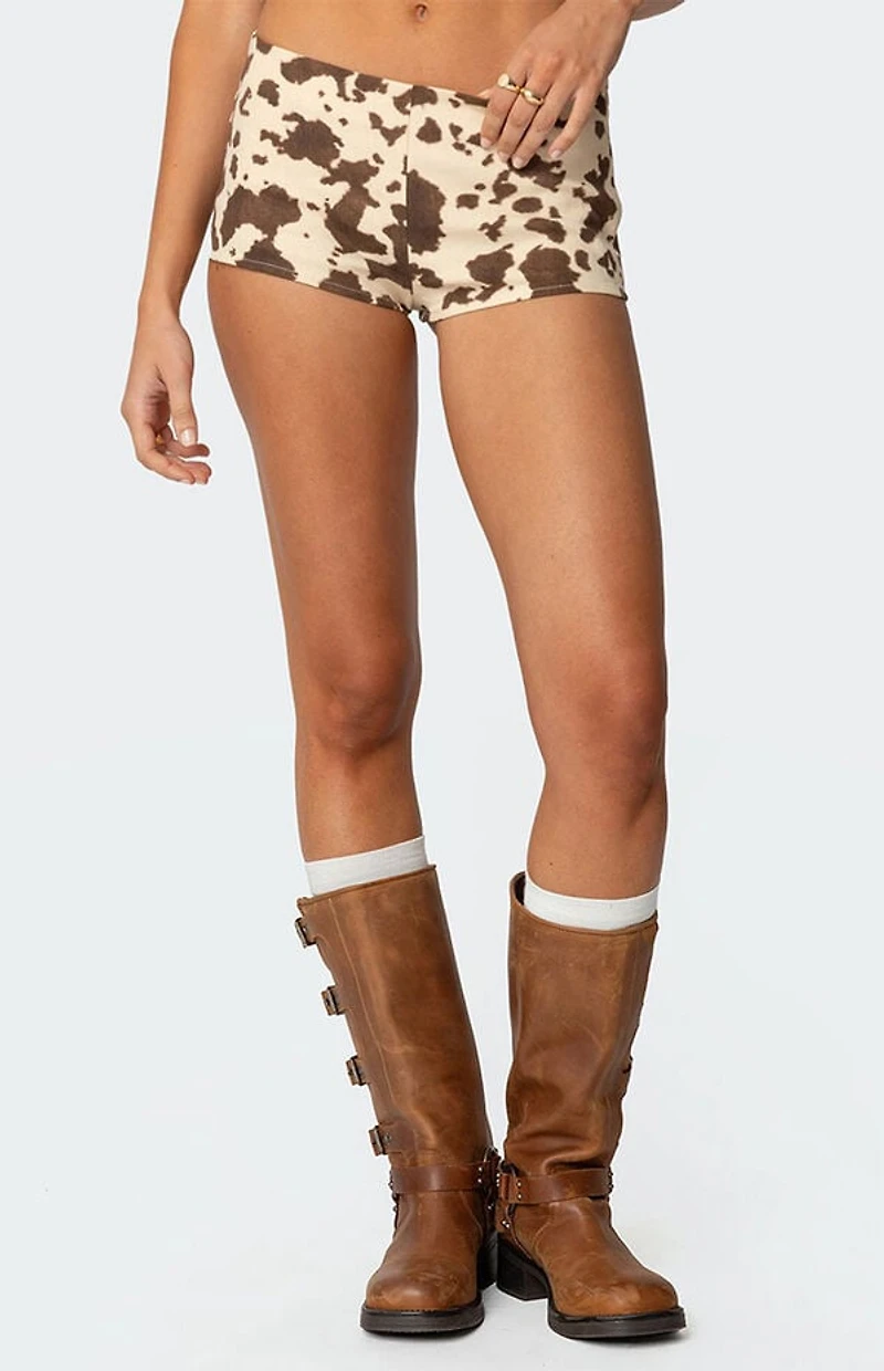 Edikted Cow Printed Low Rise Micro Shorts