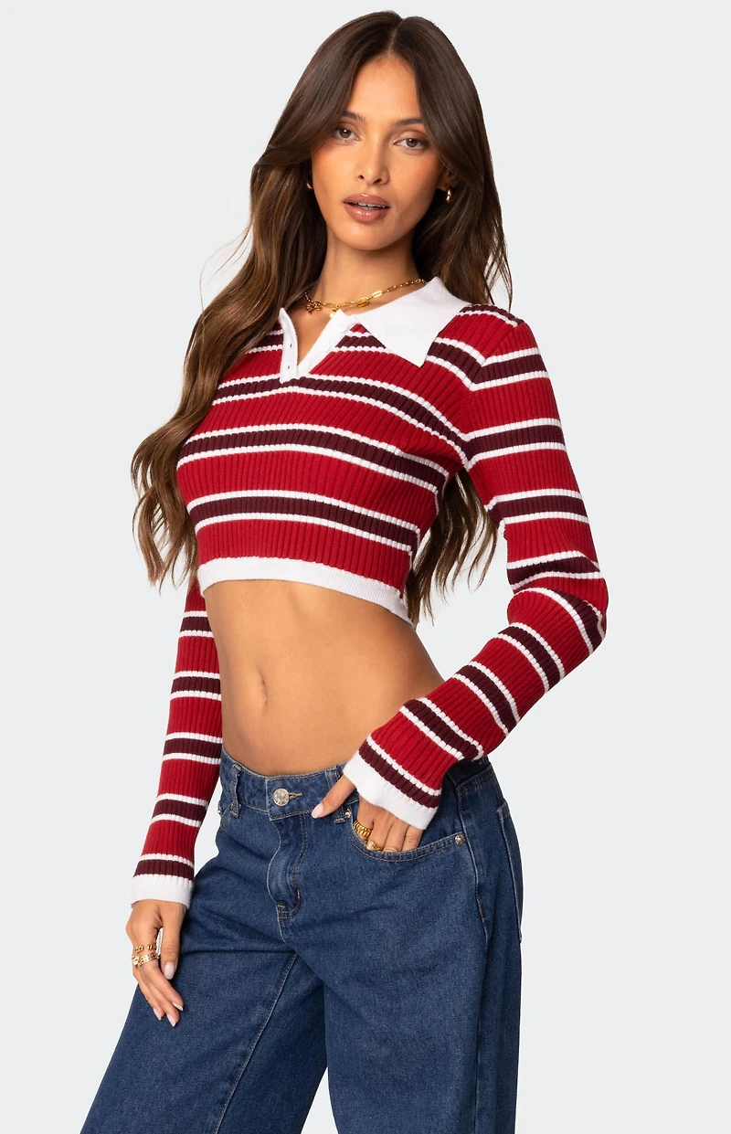 Edikted Collared Stripey Ribbed Crop Top