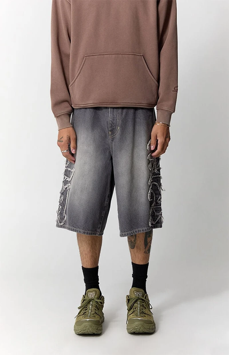 Pacsun Austin Extreme Baggy Jorts Frayed LA Applique Gray