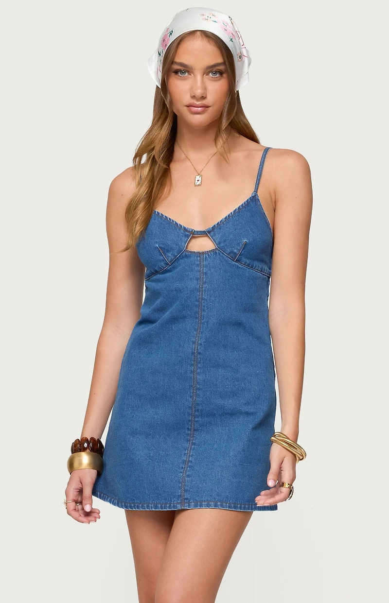 Edikted Maleeka Cut Out Denim Mini Dress