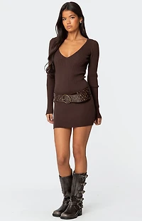 Edikted Ribbed Knit V Neck Mini Dress