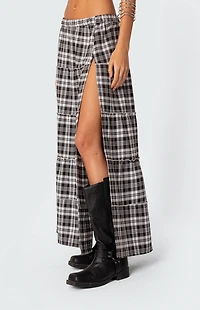 Edikted Plaid Side Slit Tiered Maxi Skirt