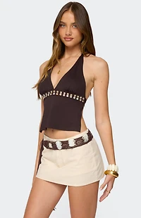 Edikted Pearlsy Button Backless Halter Top