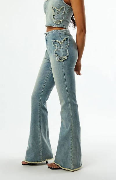 Playboy By PacSun Stretch Frayed High Waisted Flare Jeans