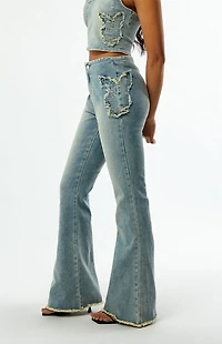 Playboy By PacSun Stretch Frayed High Waisted Flare Jeans
