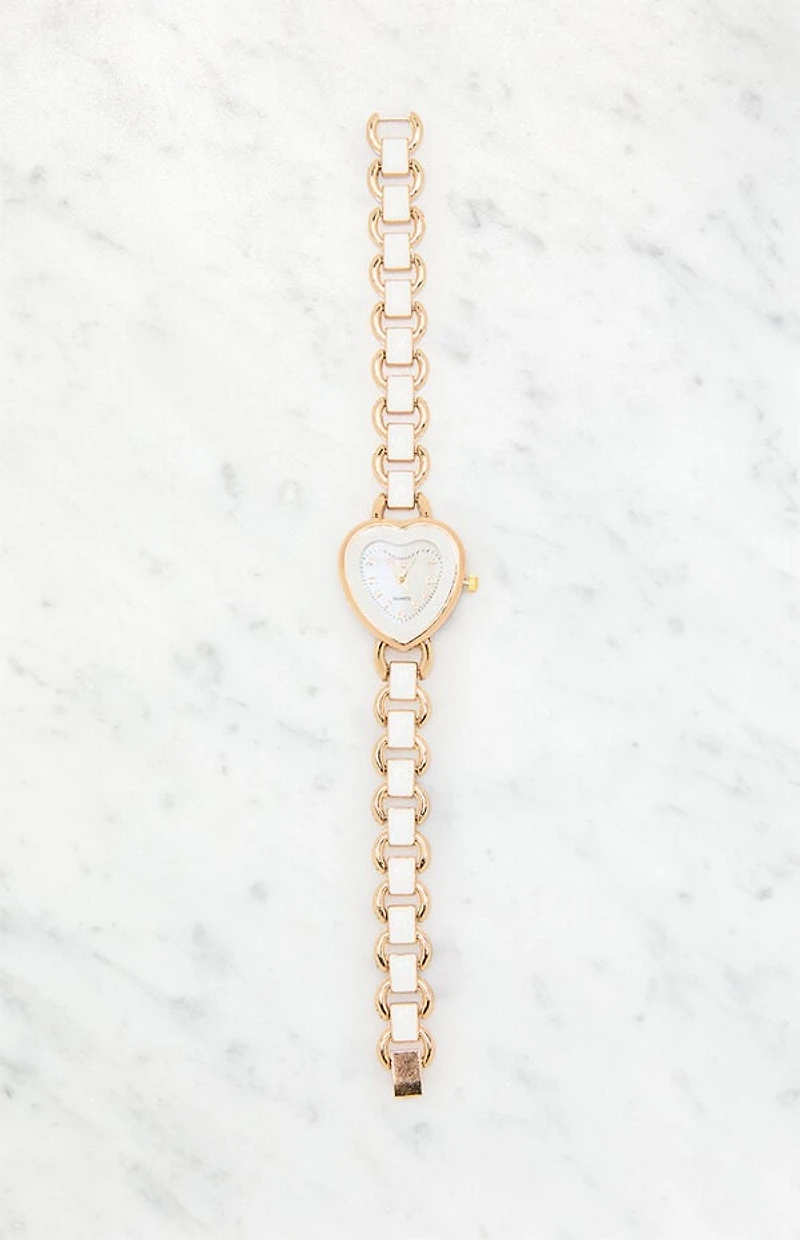 LA Hearts Gold & White Metal Heart Watch
