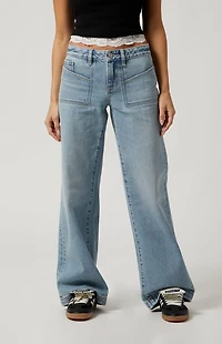 Pacsun Casey Low Rise Baggy Jeans Patch Pocket Light Indigo