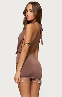 Edikted Bead Fringe Backless Halter Mini Dress