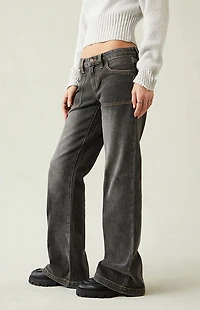 Pacsun Charlie Low Rise Baggy Bootcut Jeans Button Pocket Faded Black