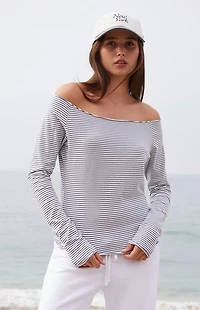 John Galt Light Blue Striped Bonnie Off-The-Shoulder Long Sleeve Top