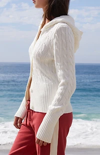 John Galt White Cable Knit Button Down Hooded Sweater