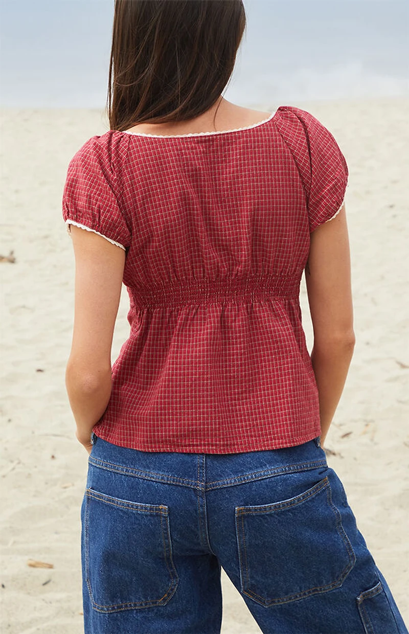 John Galt Burgundy Plaid Blair Short Sleeve Top