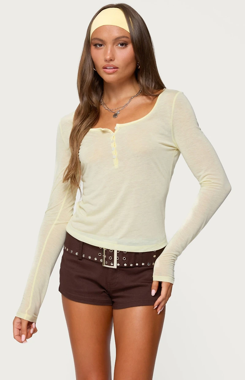 Edikted Ria Sheer Long Sleeve Henley Top