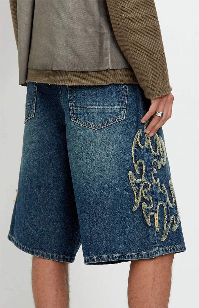 Pacsun Austin Extreme Baggy Jean Shorts Cyber Applique Dark Blue