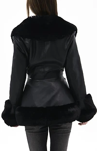 AZALEA WANG Kenzy Black Faux Leather & Fur Belted Coat