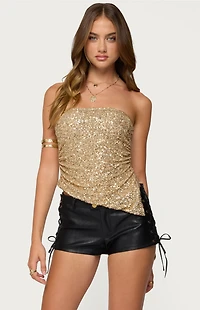 Edikted Sequin Asymmetric Slit Strapless Top