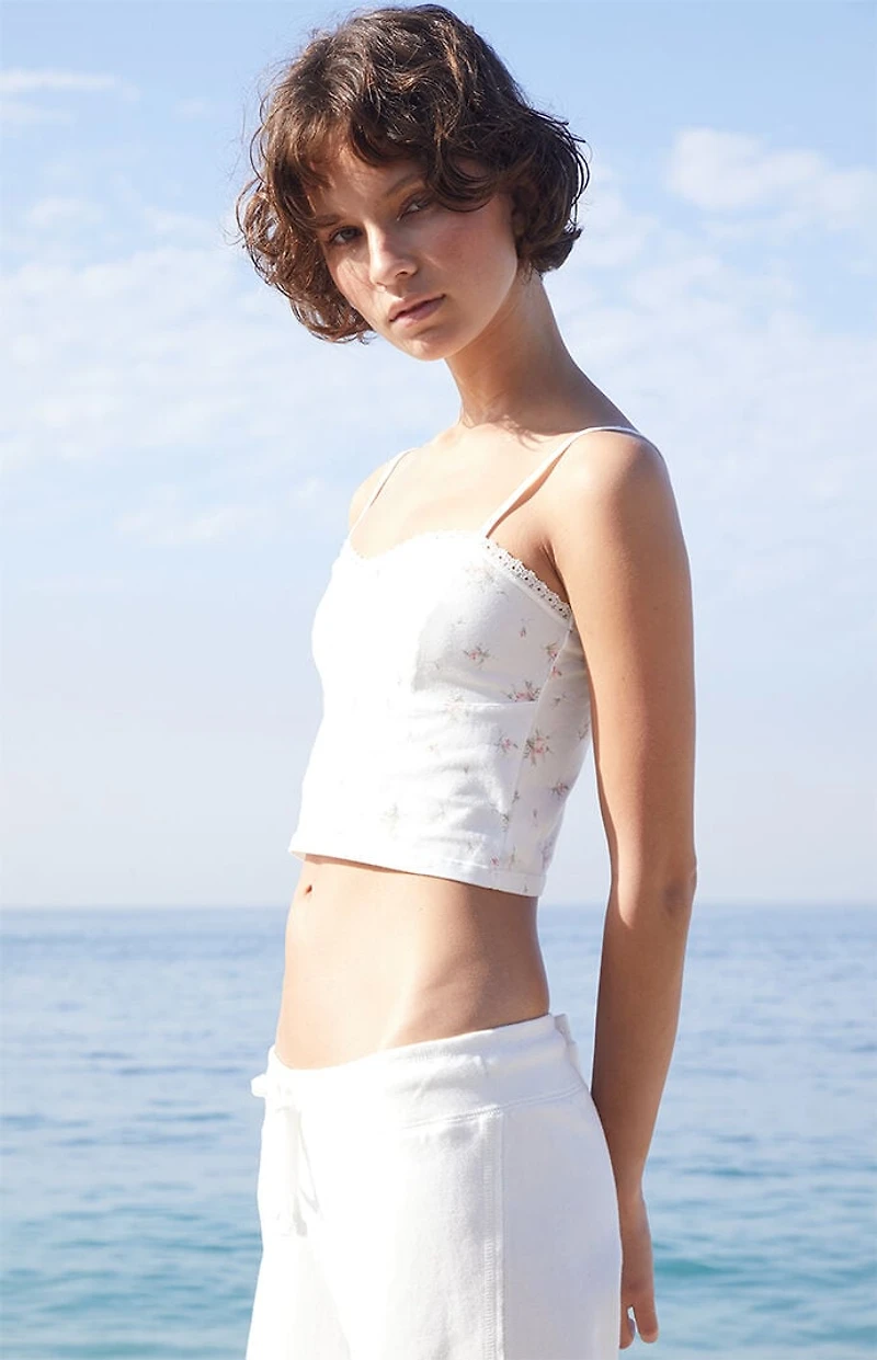John Galt White Floral Lace Trim Crop Top