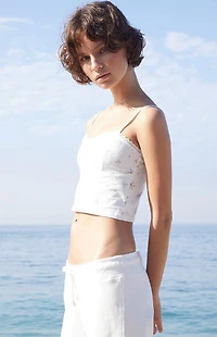 John Galt White Floral Lace Trim Crop Top