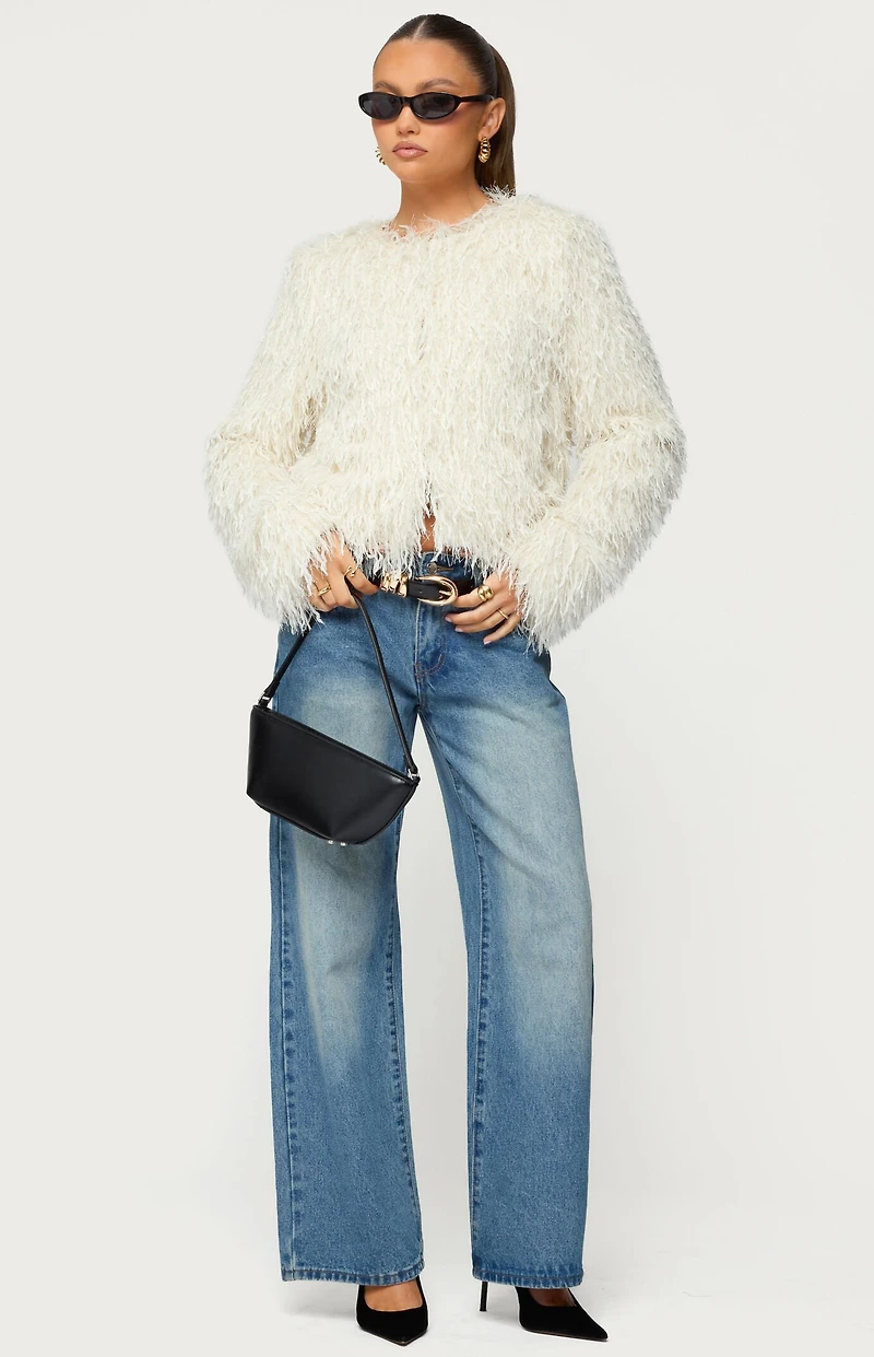 Edikted Aleandra Fringed Faux Feather Jacket