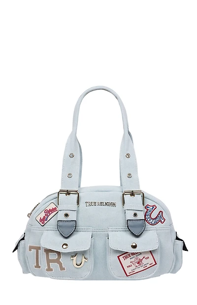 True Religion Light Blue Multi Patch Satchel Bag