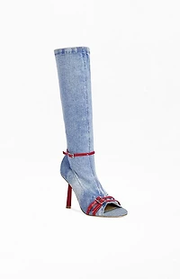 AZALEA WANG Women's Emra Denim Peep-Toe Stiletto Boots