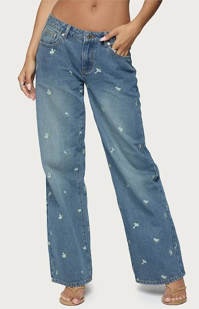 Edikted Edna Floral Embroidered Low Rise Jeans
