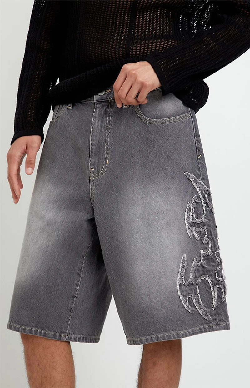 Pacsun Austin Extreme Baggy Jean Shorts Cyber Applique Faded Gray