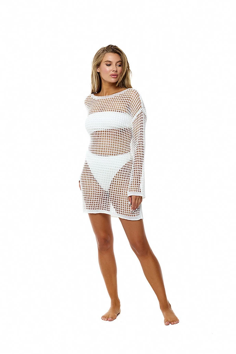 VYB White Crochet Long Sleeve Tunic Dress