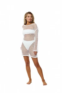 VYB White Crochet Long Sleeve Tunic Dress