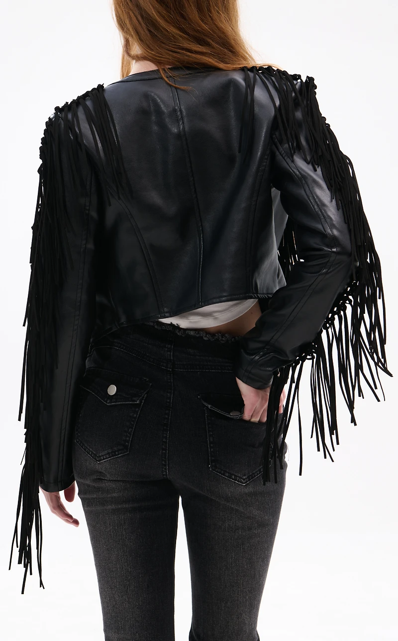 AZALEA WANG Olivier Black Faux Leather Fringe Western Jacket
