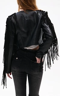 AZALEA WANG Olivier Black Faux Leather Fringe Western Jacket